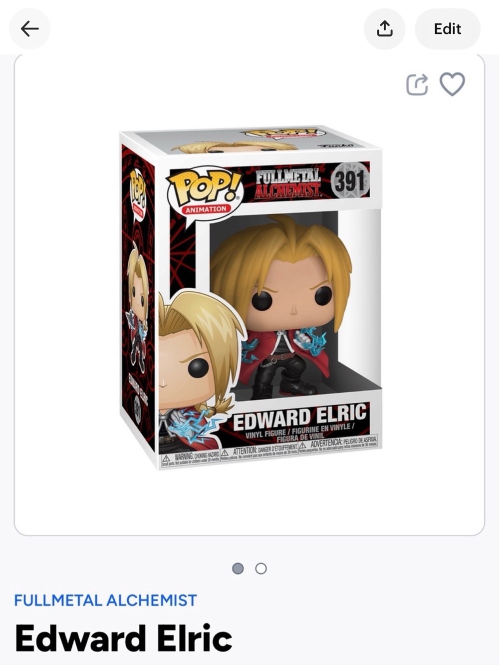Funko Pop- Full Metal Alchemist- Edward Elric -391